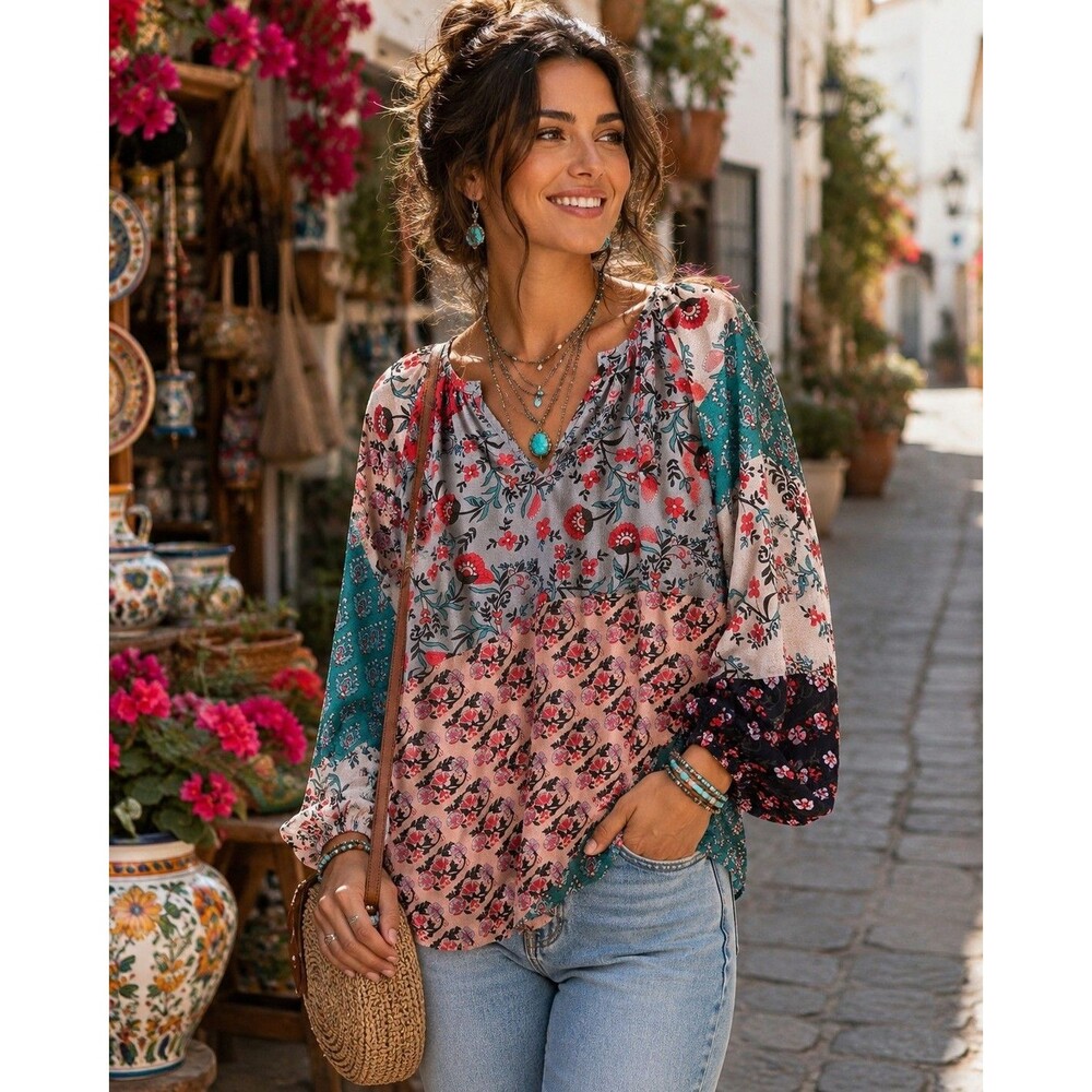 Boho Patchwork Floral Peasant Blouse Women's Large Mixed Print Balloon Sleeve L